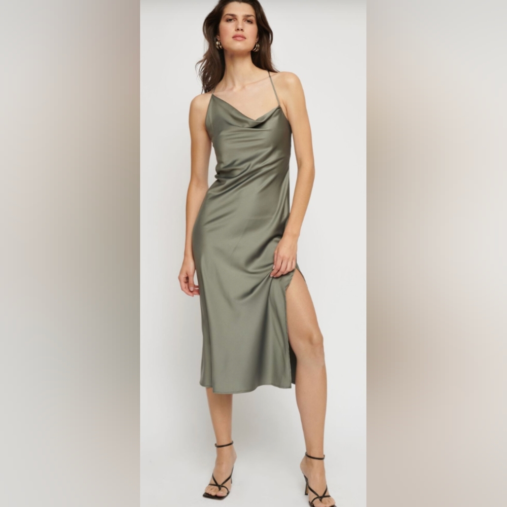 Dynamite Olive Green Satin Midi Slip Dress